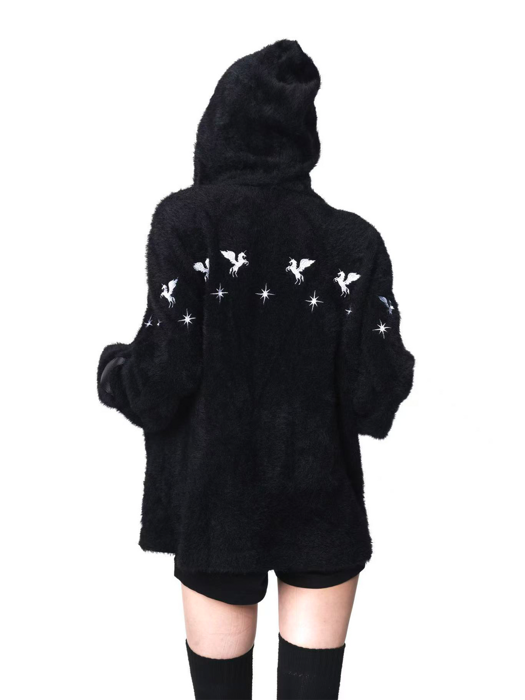 DETW Shoulder-down Zip Mohair Hooded Embroidered Jacket
