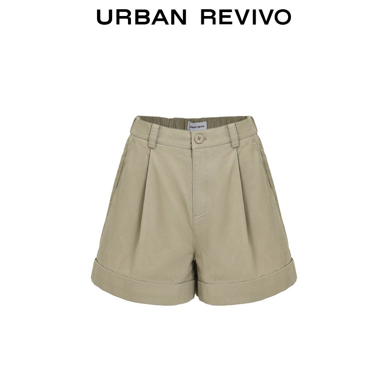 URBAN REVIVO Casual Minimalist Back Elastic Waist Hemmed Shorts