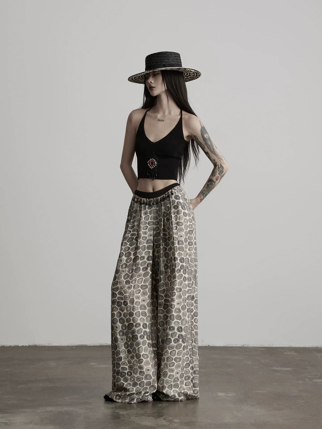 INDULGE Beaded Full Print Straight Wide-leg Thin Trousers