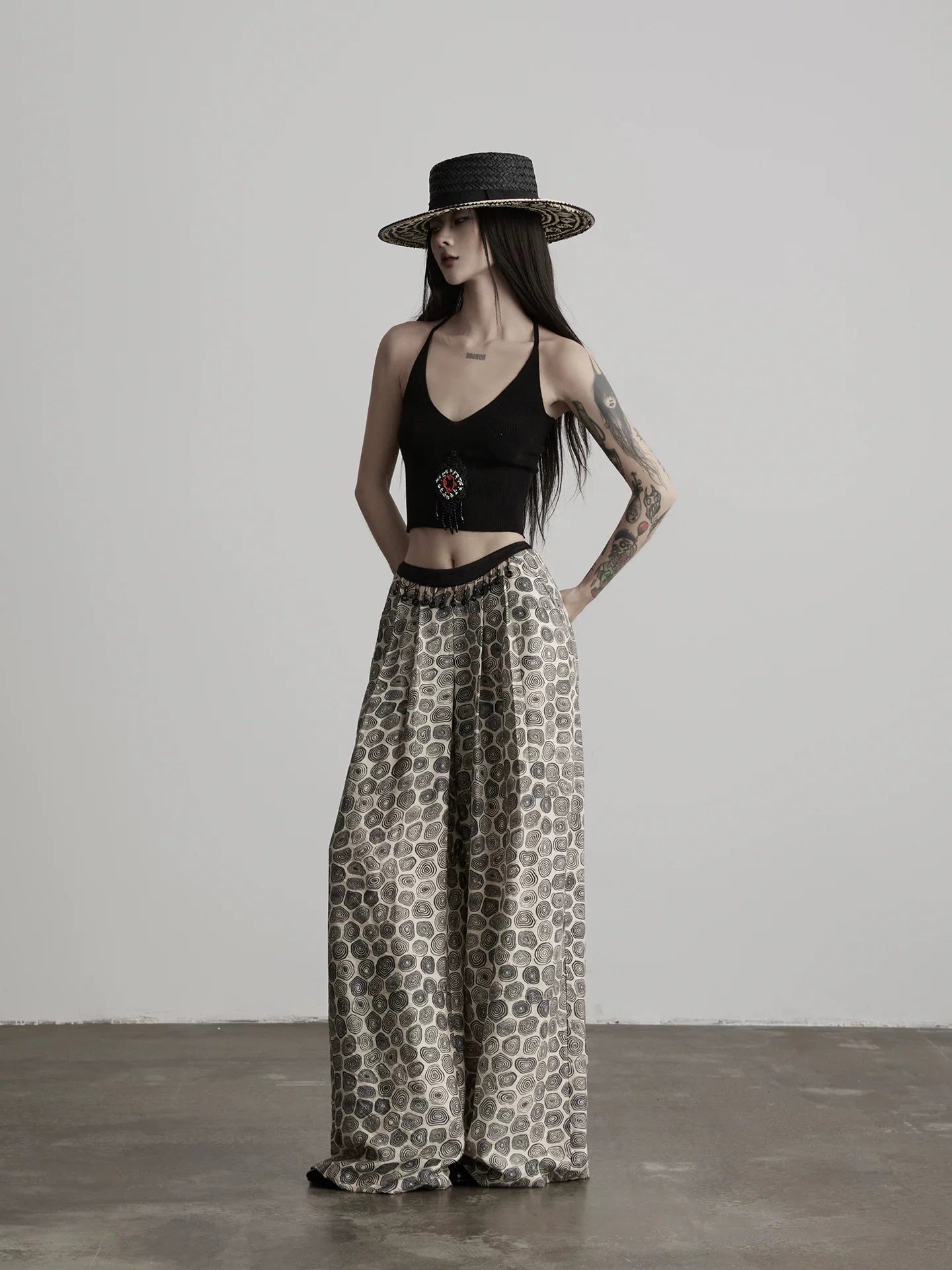 INDULGE Beaded Full Print Straight Wide-leg Thin Trousers
