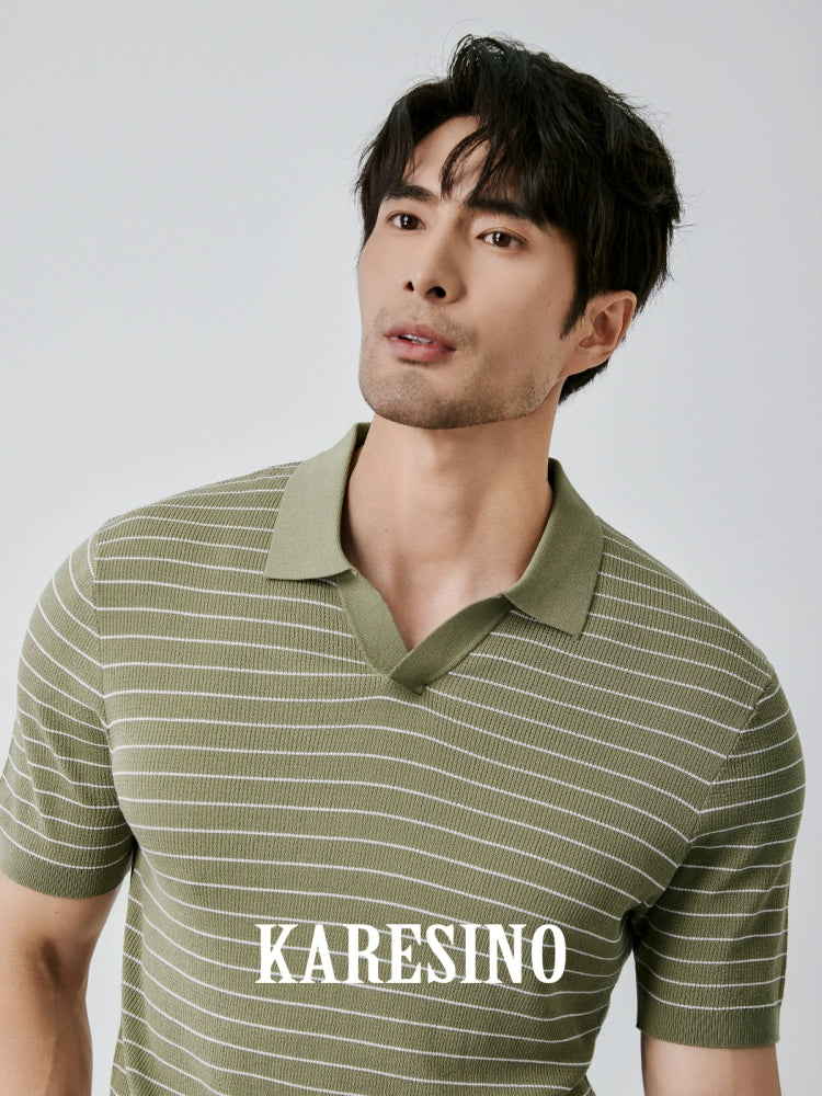 KARESINO Ice Silk Casual Striped Knitted Polo Shirt