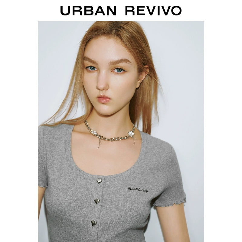 URBAN REVIVO Casual Embroidery Love Button Short Sleeve Cardigan Shirt