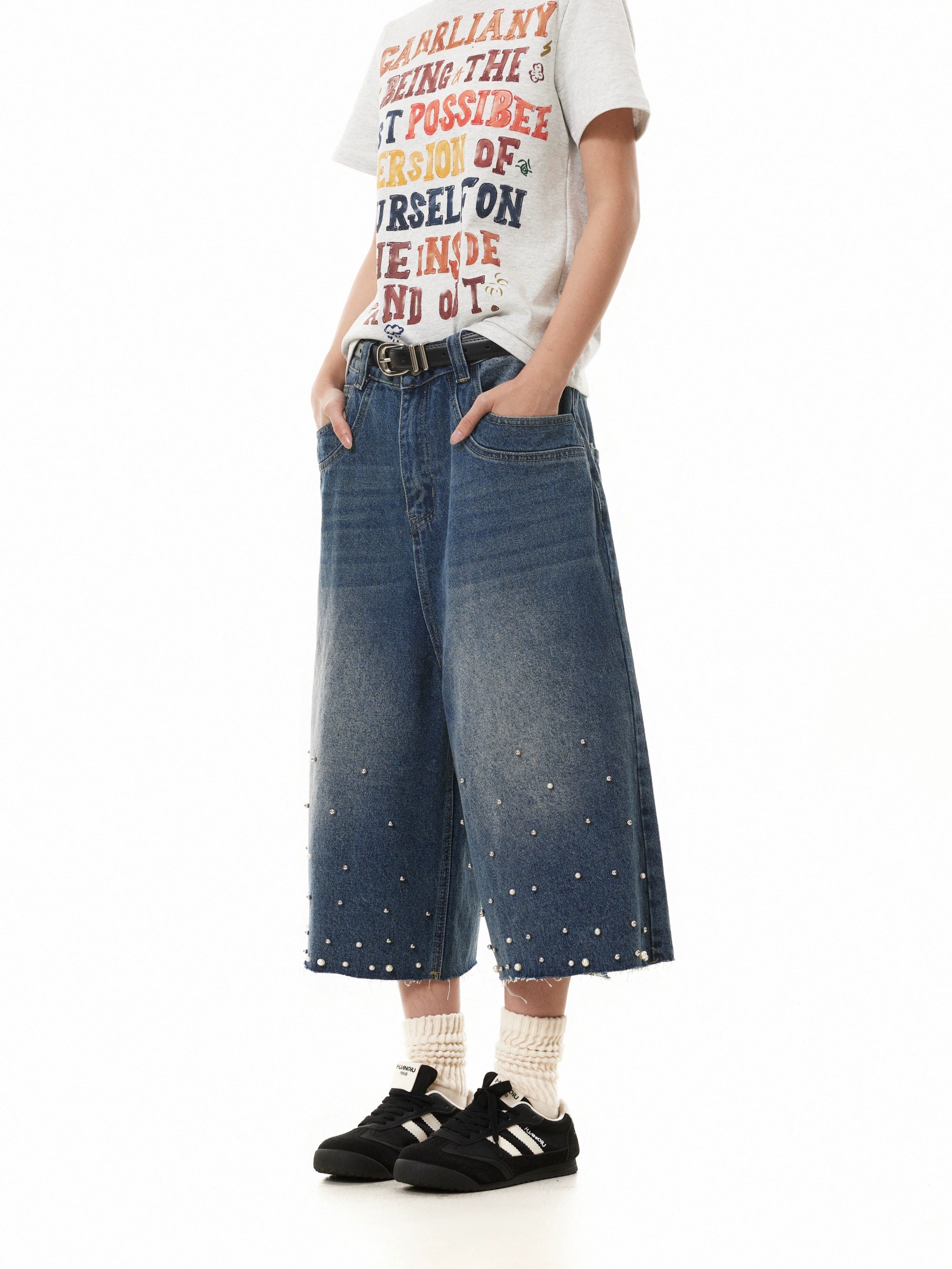 BTSG Pearl Vintage Loose Wide Leg Denim Shorts