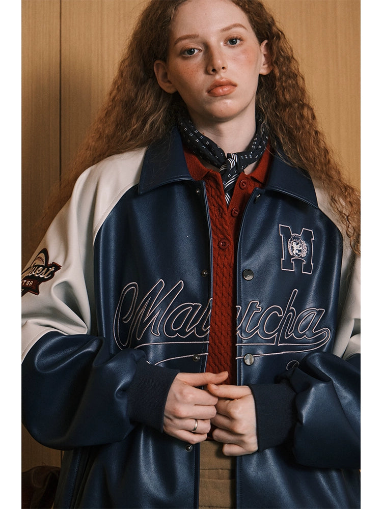 MATCHA STORY Contrast Color Splicing Retro Embroidered Lapel Leather Jacket