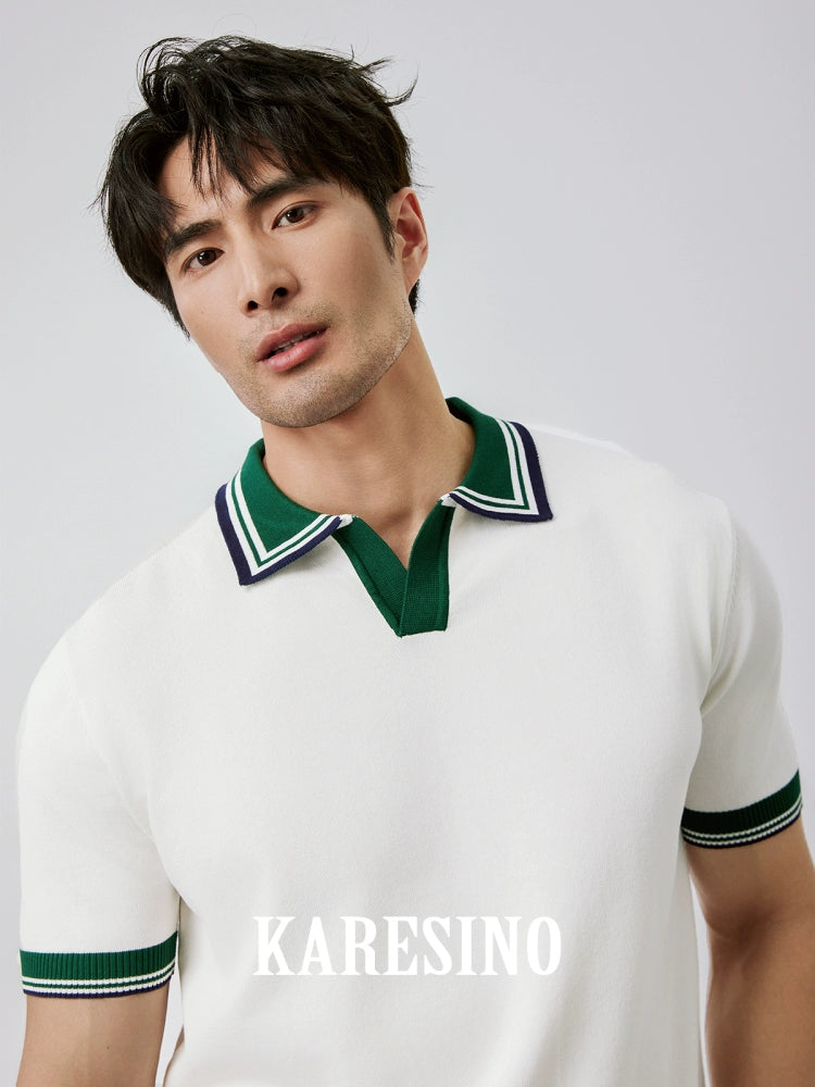KARESINO Cold Silk Cool Color Contrasting Splicing Knitted Polo Shirt
