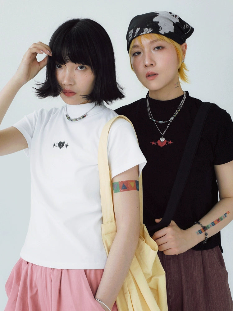 STILLYOU Retro Versatile Love Print Half Turtleneck Tee