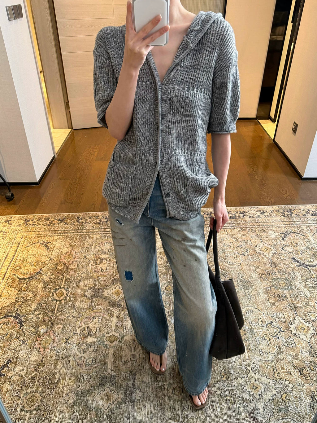Slight Vogue Jacquard Hooded Wool Short Sleeve Cardigan