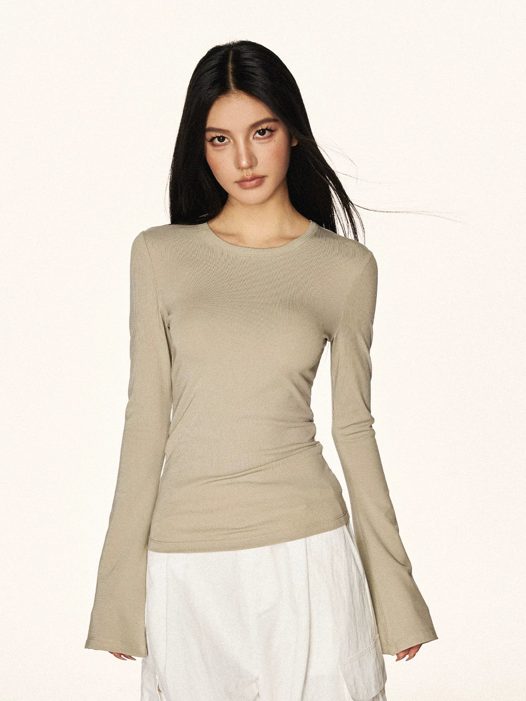 Cherry Melody Retro Tencel Horn Sleeve Slim Crew Neck Long Sleeve