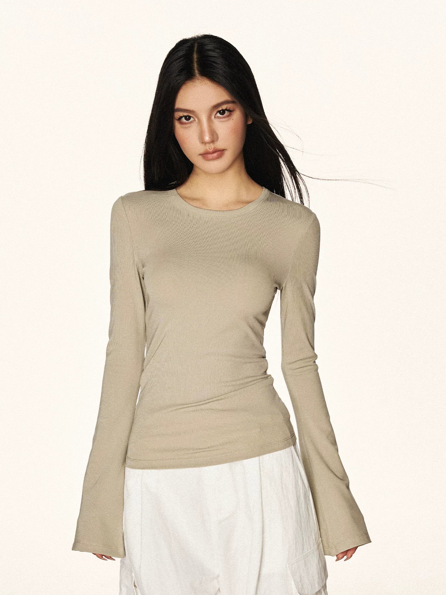 Cherry Melody Retro Tencel Horn Sleeve Slim Crew Neck Long Sleeve