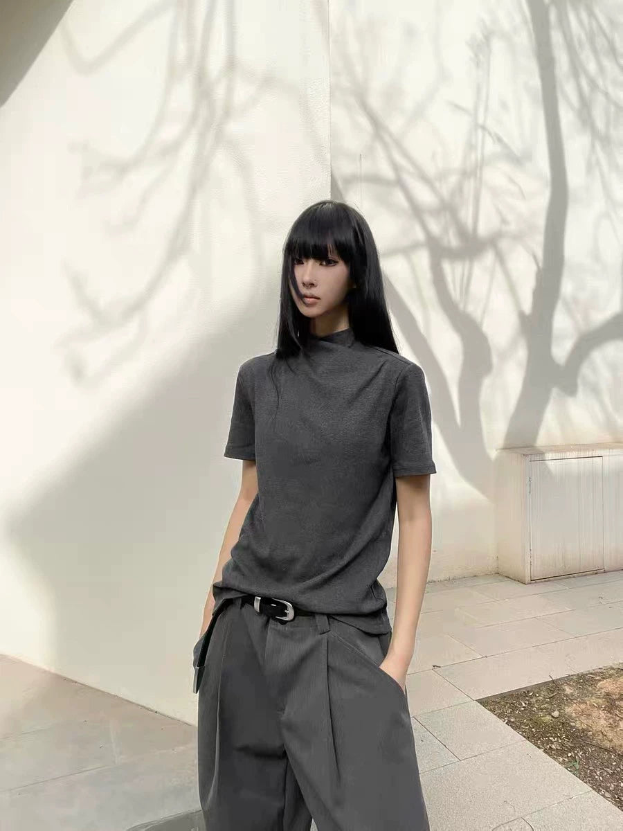 AMBSOM Crossed Jumpneck Front Shoulder Knitted Slim Fit Tee