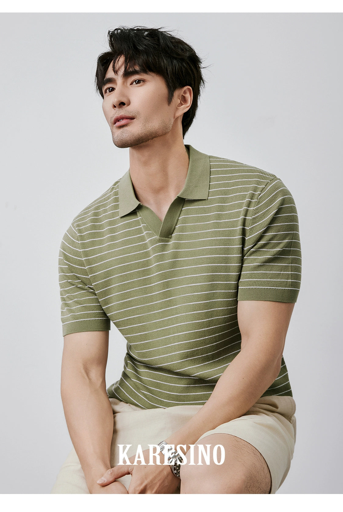 KARESINO Ice Silk Casual Striped Knitted Polo Shirt