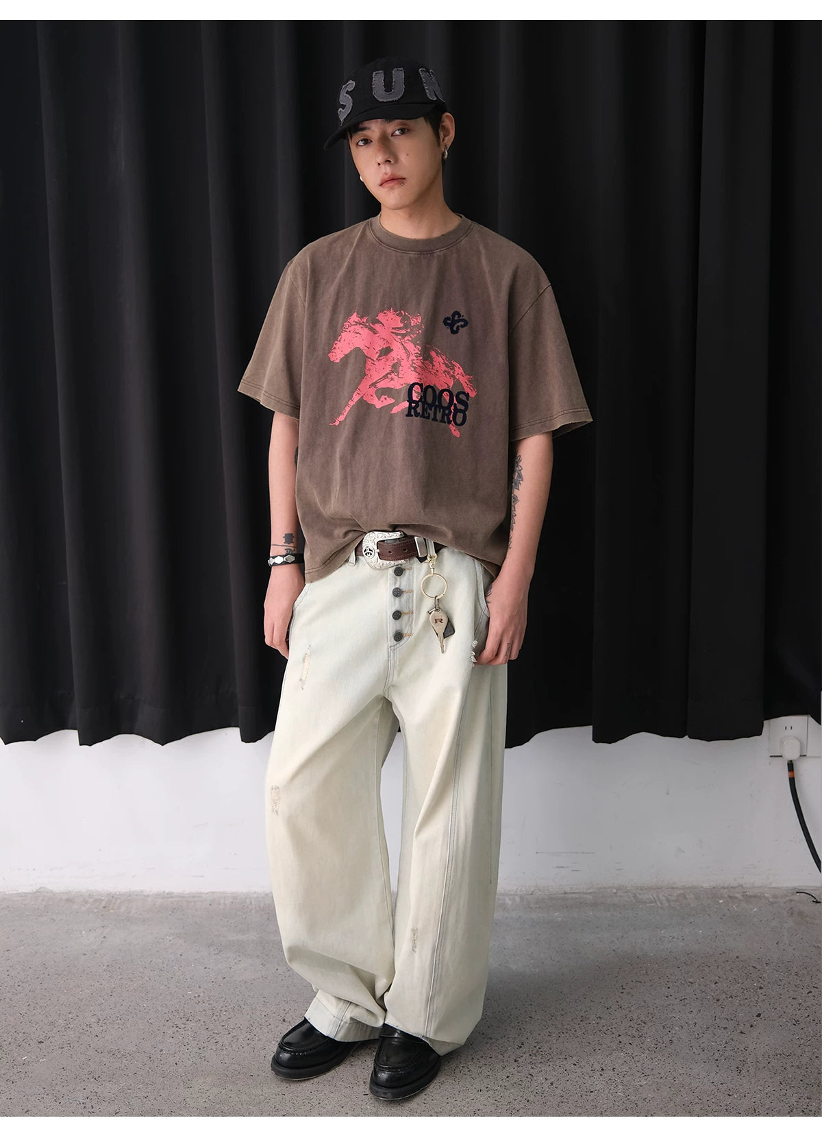 CoosRetro Loose Wide Leg Old Ripped Jeans
