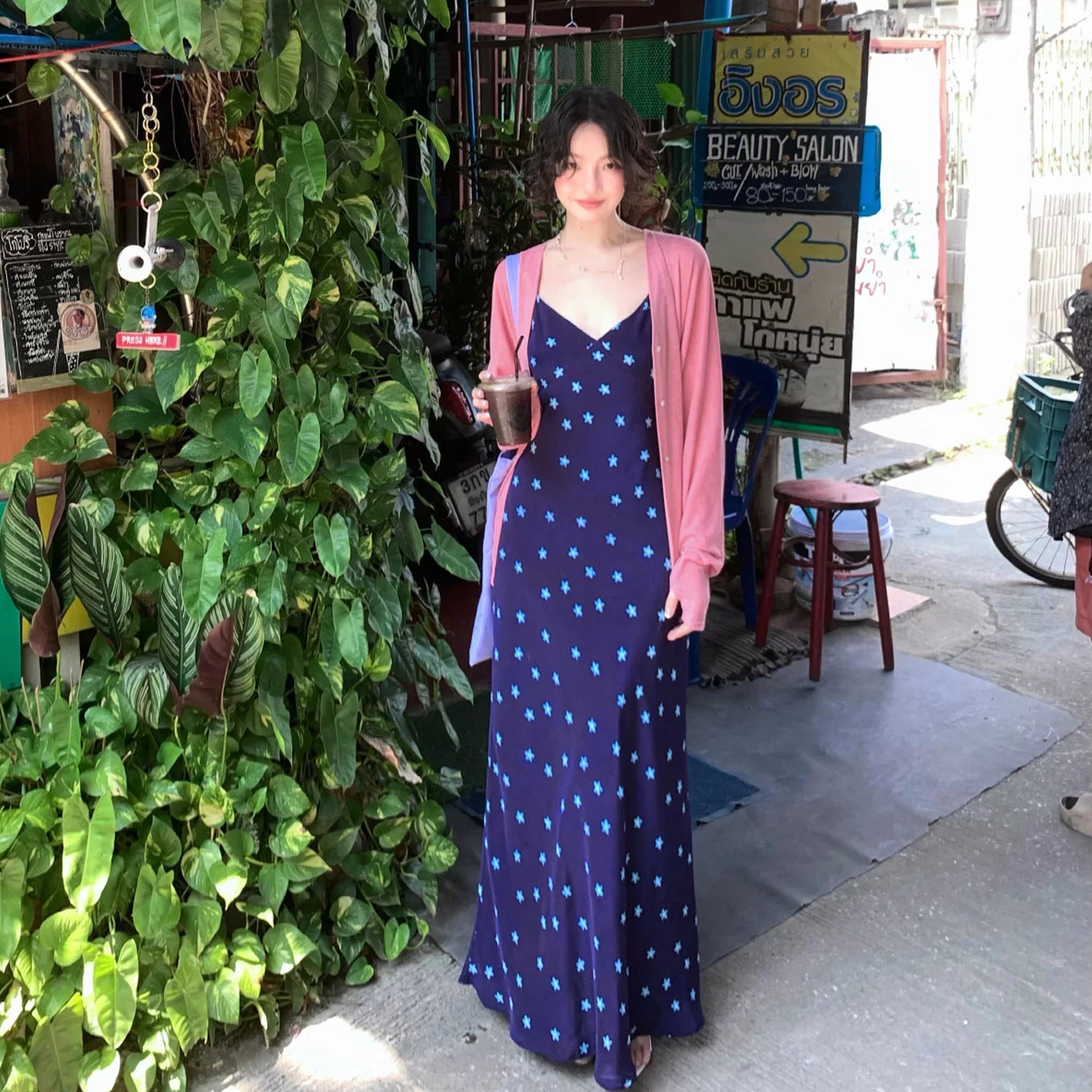 KELIFAN V-neck Suspender Slim-fit Long Dress