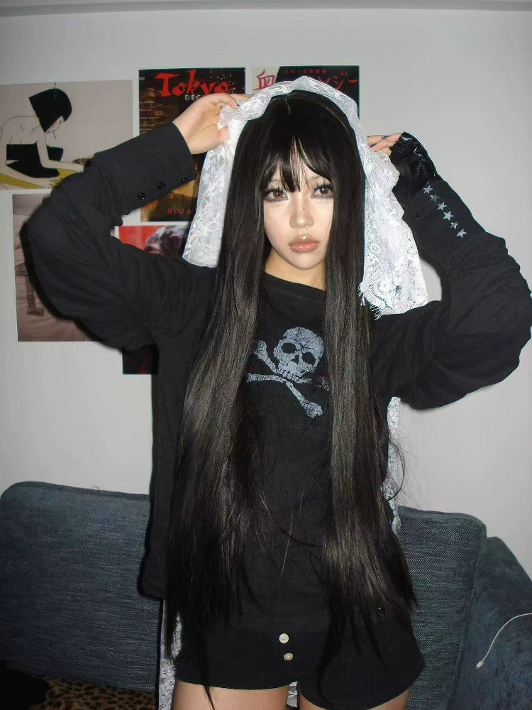 DETW 24AW Original * Skull Slightly Transparent Double Neckline Bamboo Cotton Scimitar pleated Tee