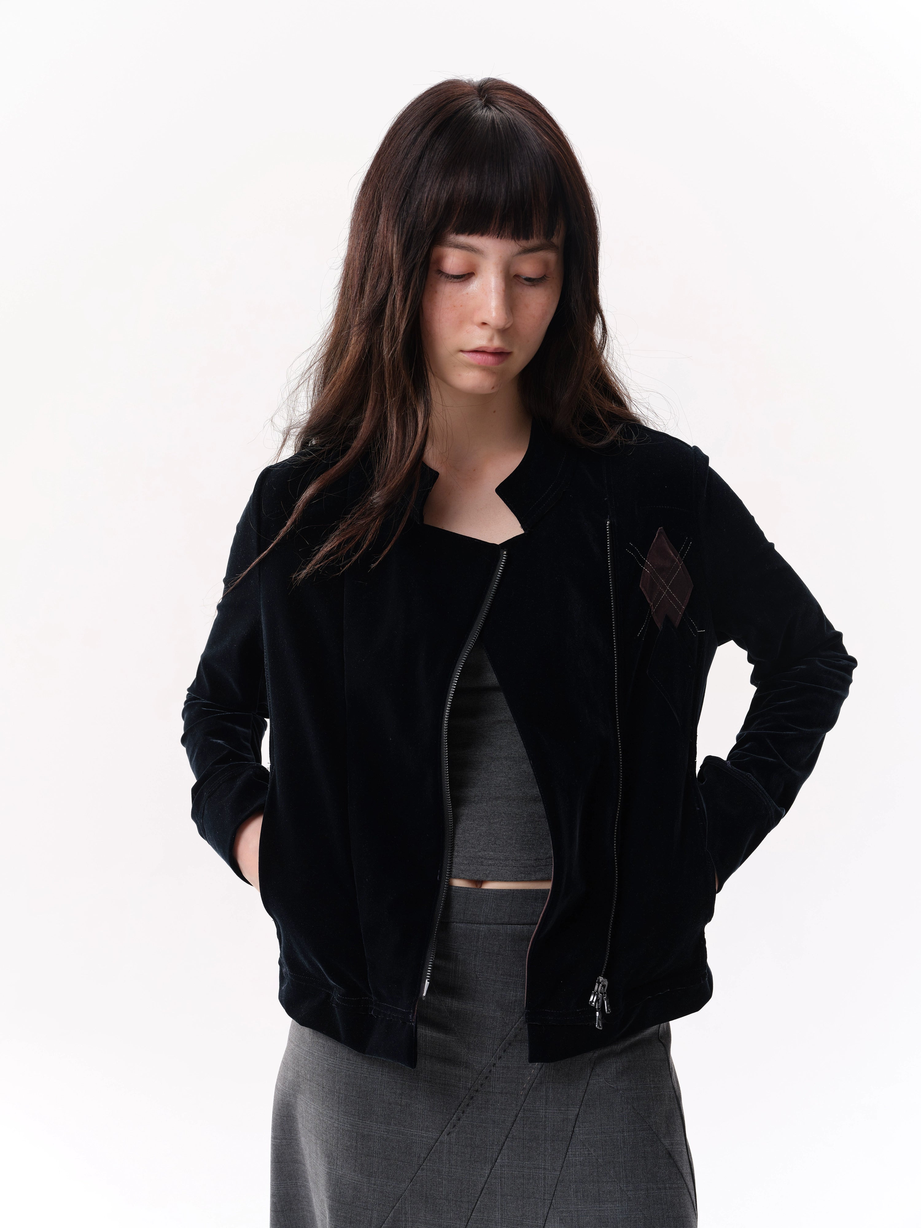NOT UGLY Velvet Slanted Placket Rhombus Line Jacket