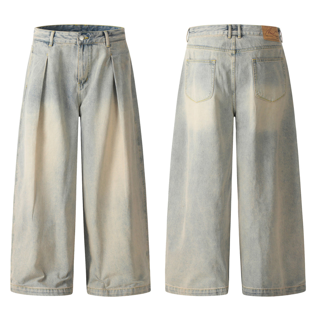 11KN retro washed old jeans pleated loose wide-leg trousers