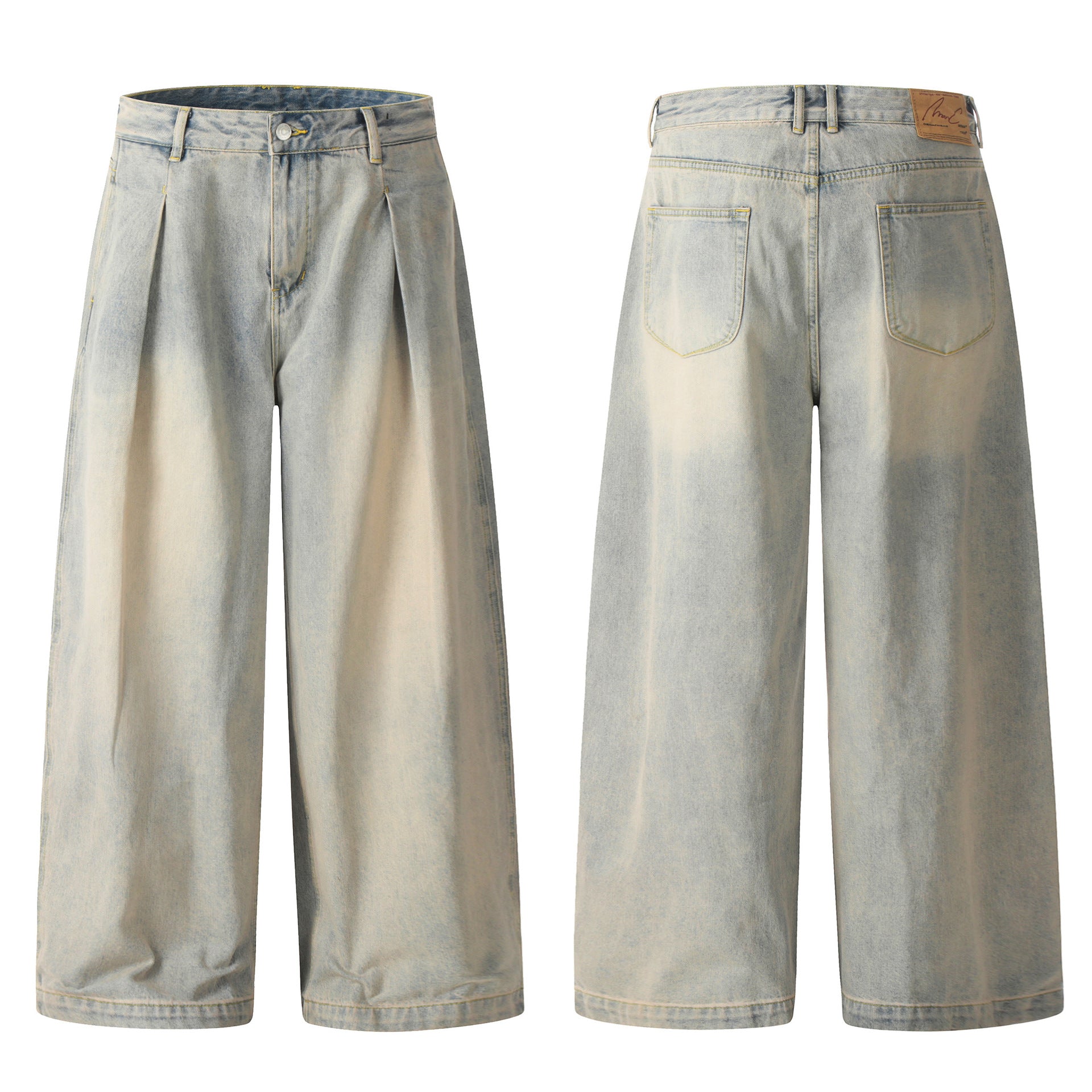 11KN retro washed old jeans pleated loose wide-leg trousers