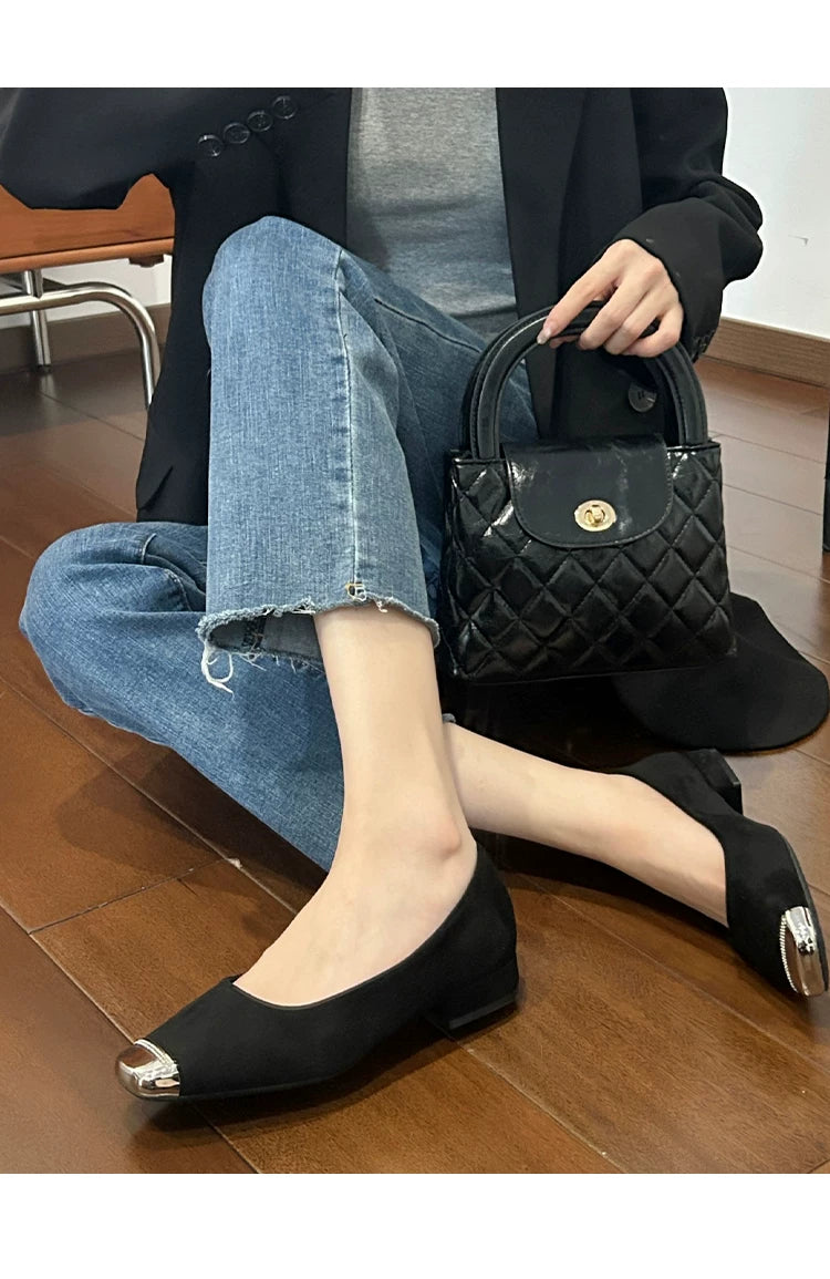 CHRNDXEE Splicing Metal Square Head Shallow Mouth Low Heel Single Shoes