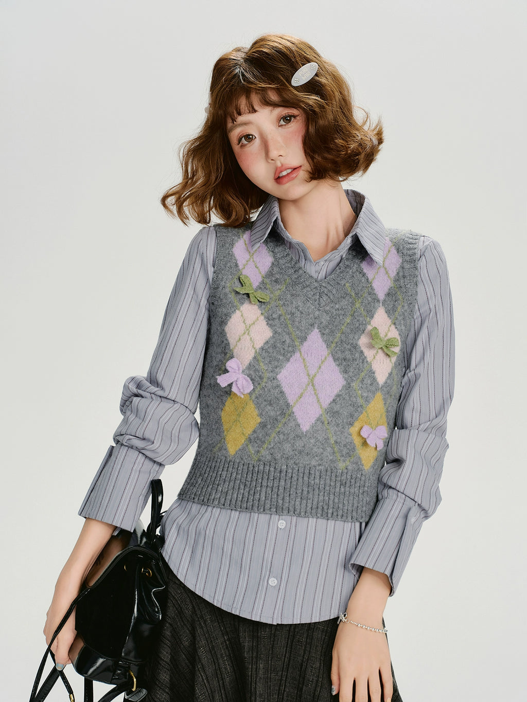 Girlyhalo Vintage Rhombus Bow V-Neck Vest