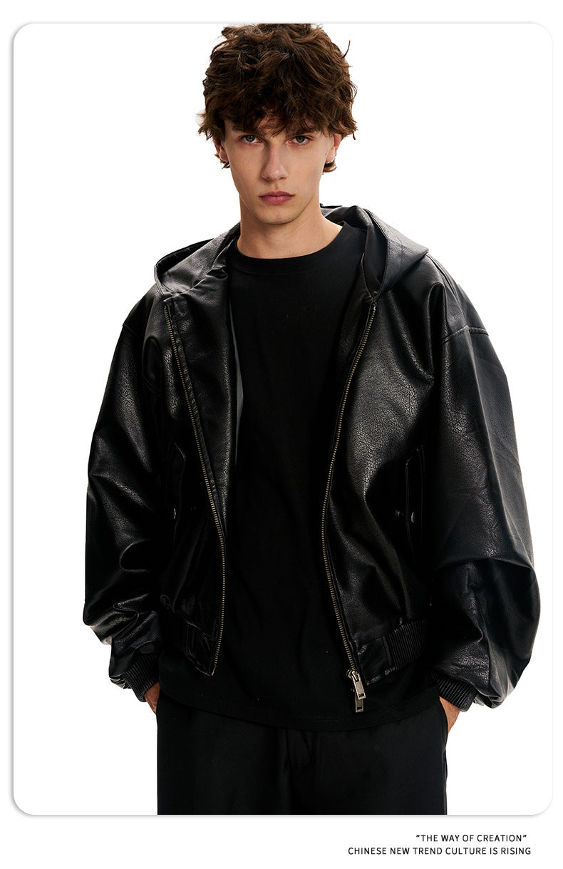 11KN Hooded Short Wide Leather Jacket Embossed Pattern Jacket