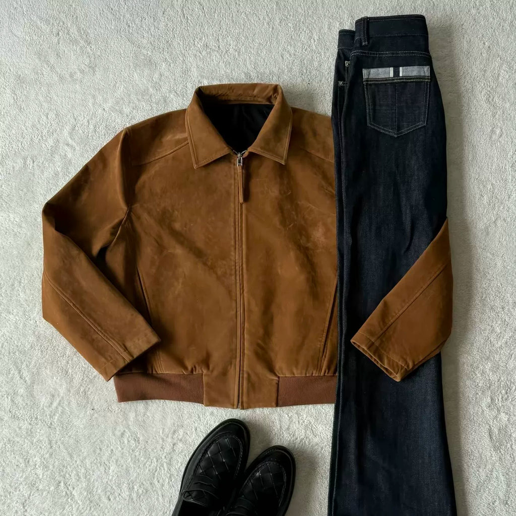 AMBSOM Velvet Suede Lapel Stand-Up Shoulder Jacket