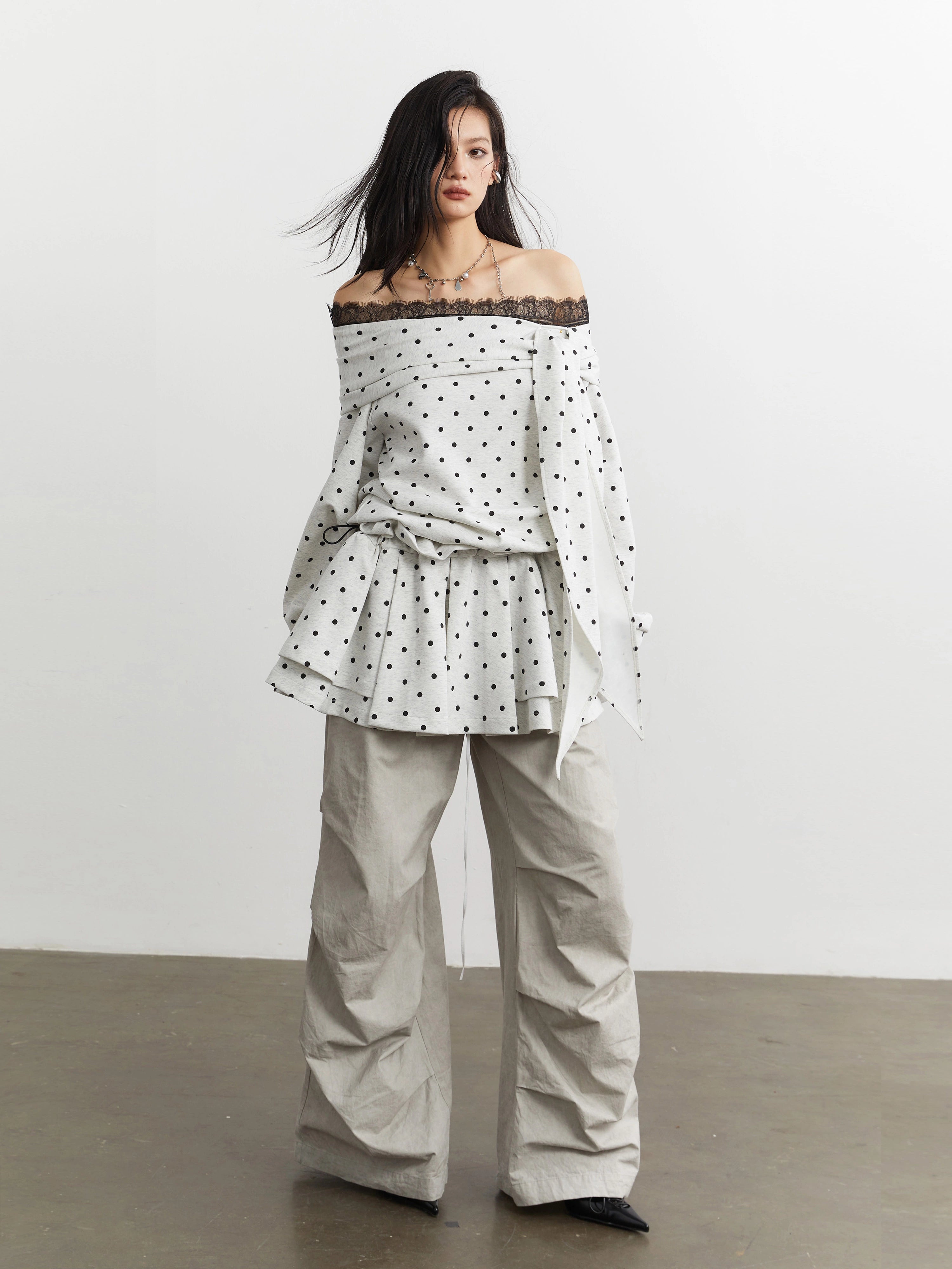 JNYLON Strappy Off-the-shoulder Polka Dot Sweater