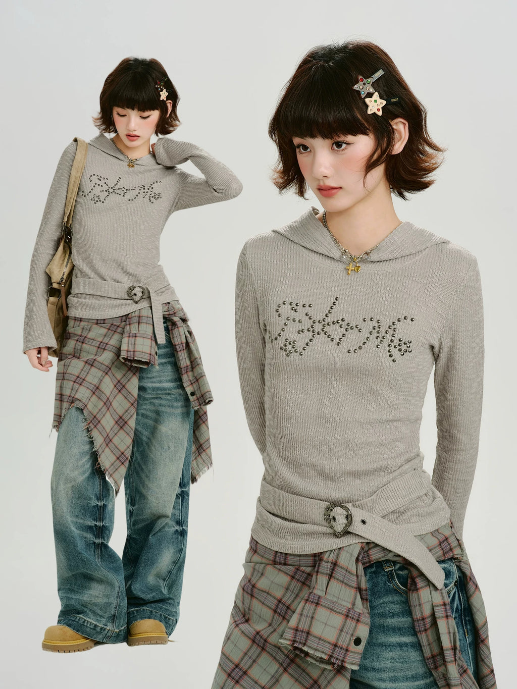 Girlyhalo Vintage Hot Diamond Strap-Up Hooded Knitted Long Sleeve