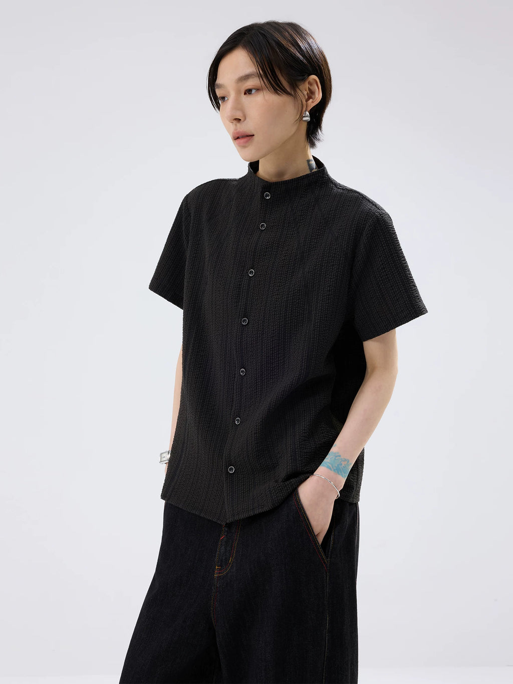 Sameuoo Small Stand-collar Striped Short-sleeve Shirt
