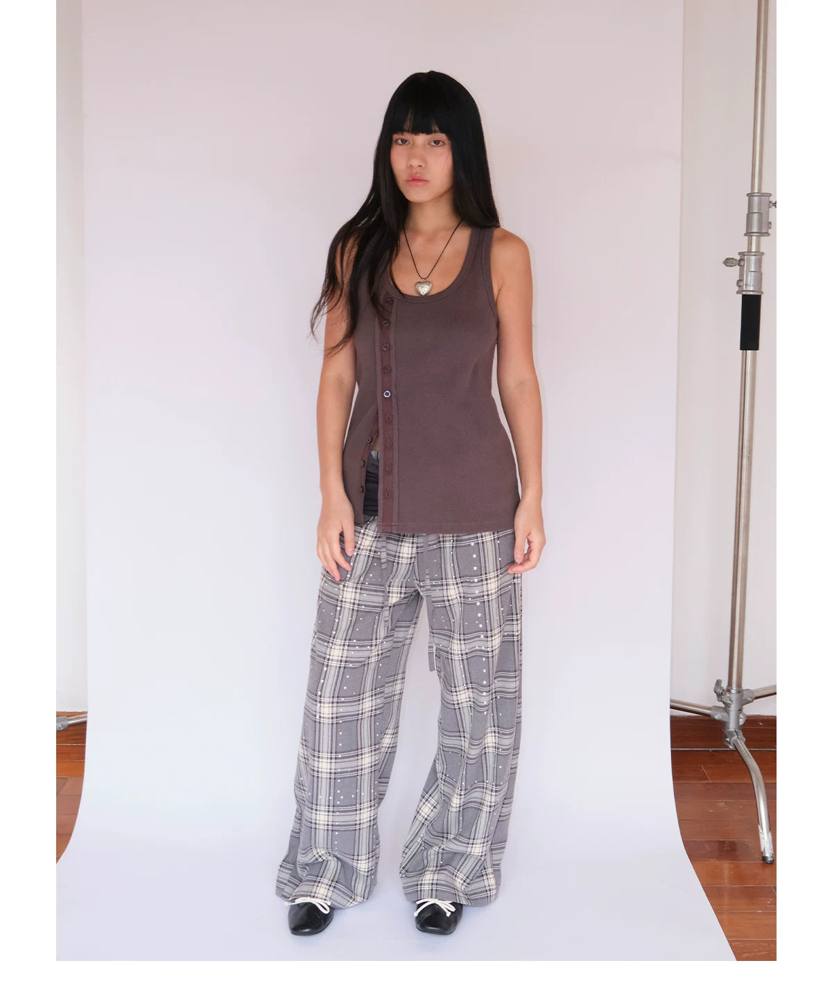 FUNKYFUN Waist Stacked Plaid Slacks