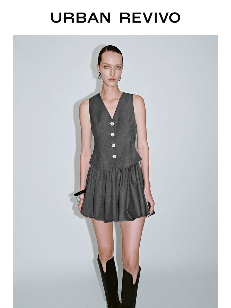 URBAN REVIVO Gray Metal Buckle V-neck Sleeveless Dress