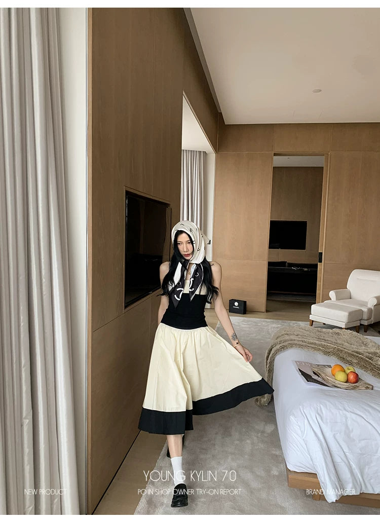 YOUNG KYLIN Contrasting Color Slim Top Skirt Set