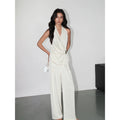 NEVA HU Pleated Satin V-neck Neck Vest Wide-leg Pants Set