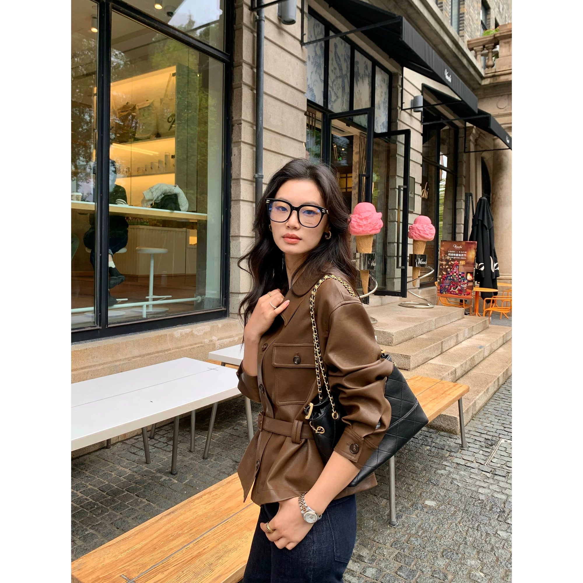 Pusumede Pu Leather Lapel Waist Jacket