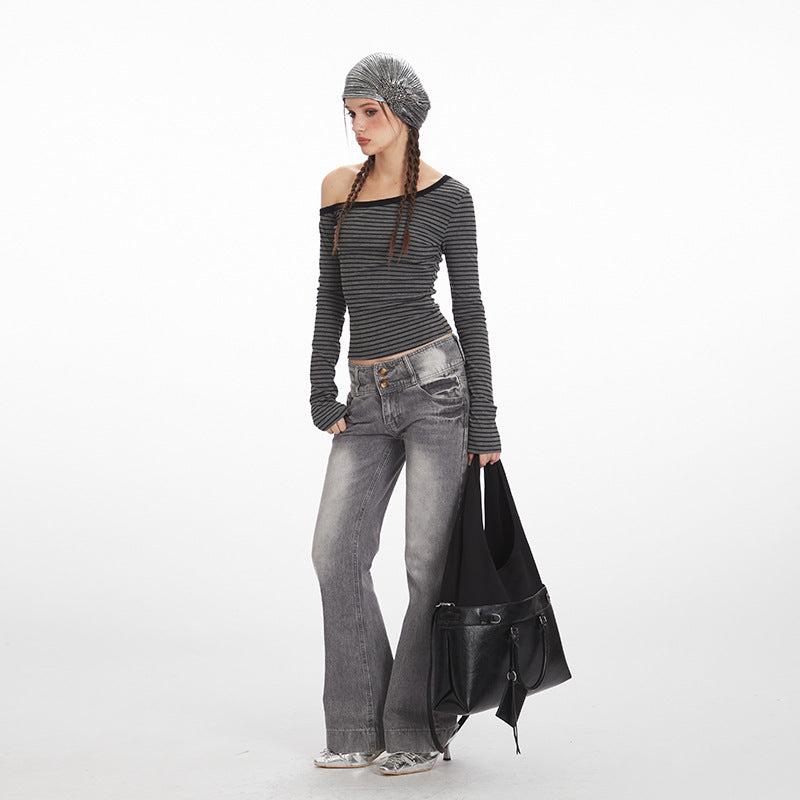 Nariele Striped Slant Neck Slim Off-Shoulder Long Sleeves