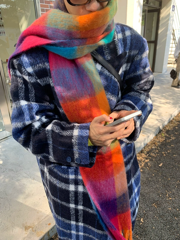 EAHO Korean Rainbow Plaid Contrasting Scarf