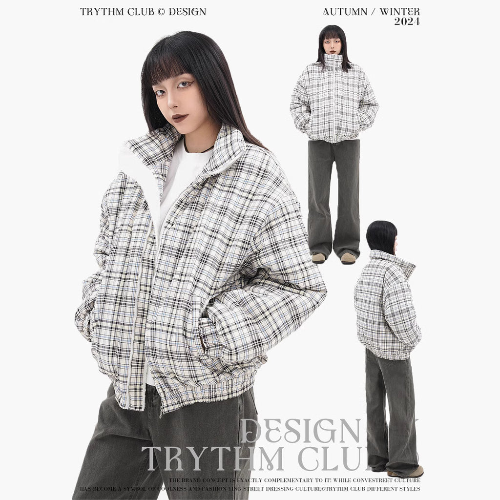 TRYTHMCLU Vintage Plaid Stand-Up Collar Cotton Suit