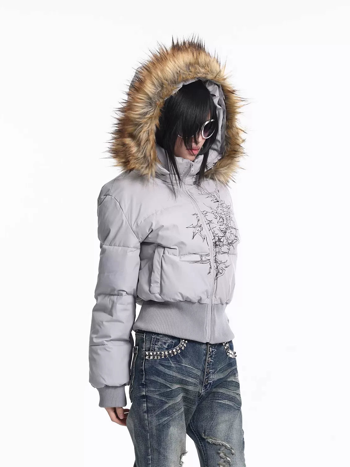 Lightinus Print Stand-up Collar Slim-fitting Cotton Jacket