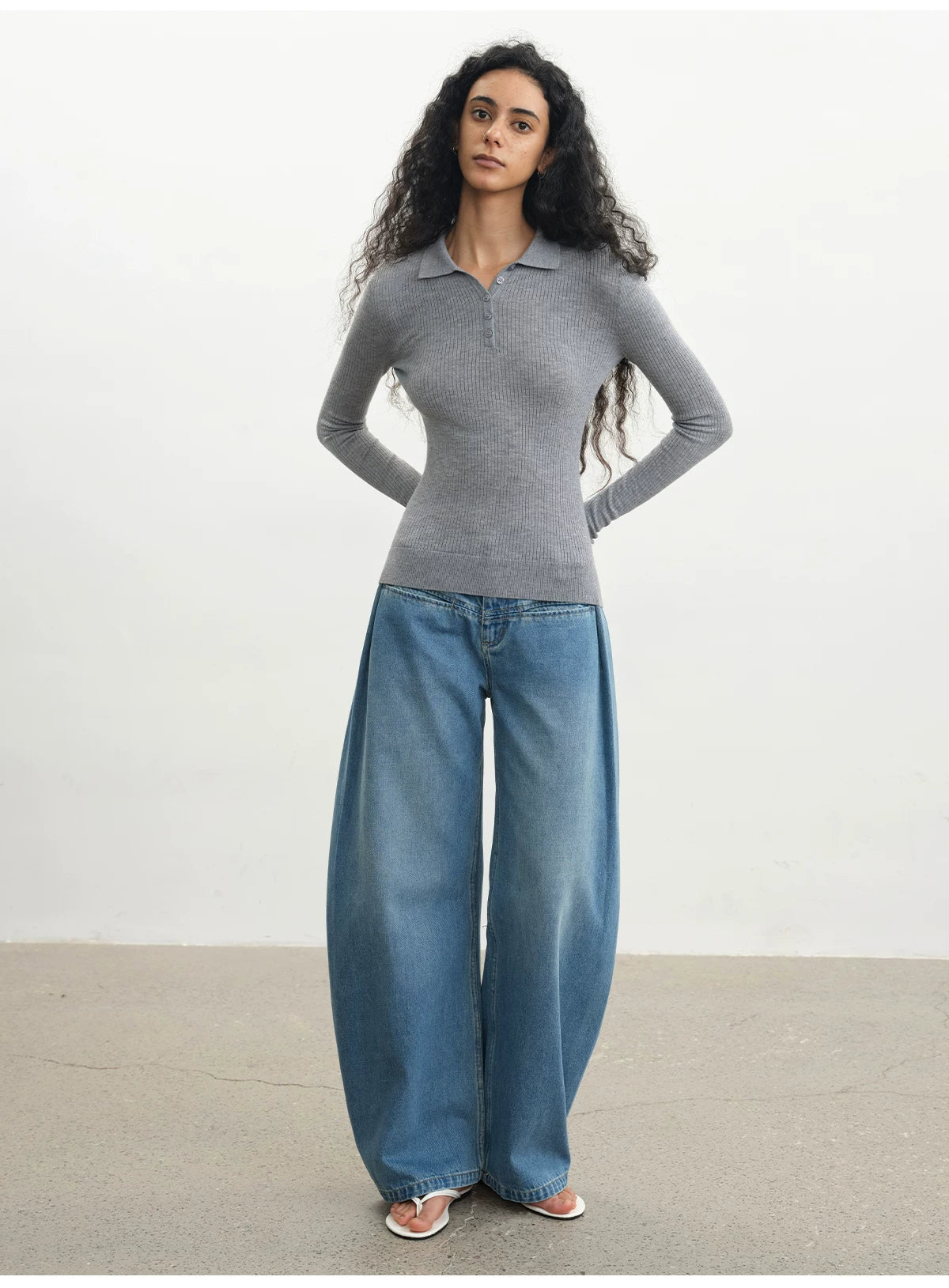 JCAESAR POLO Collar Pit Strip Knitted Bottom Long Sleeve