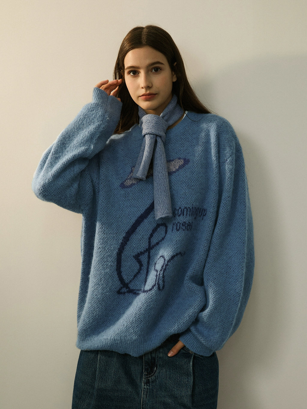 LR MADE Line Floral Warm Crew Neck Sweater Knitted Sweater