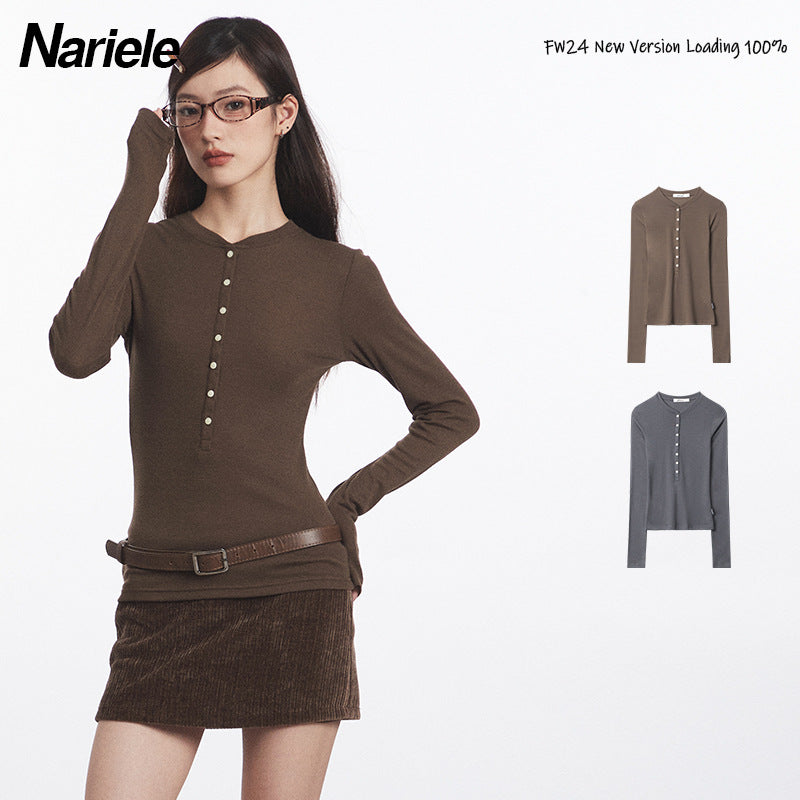 Nariele Button Design Slim Fit Crew Neck Long Sleeve
