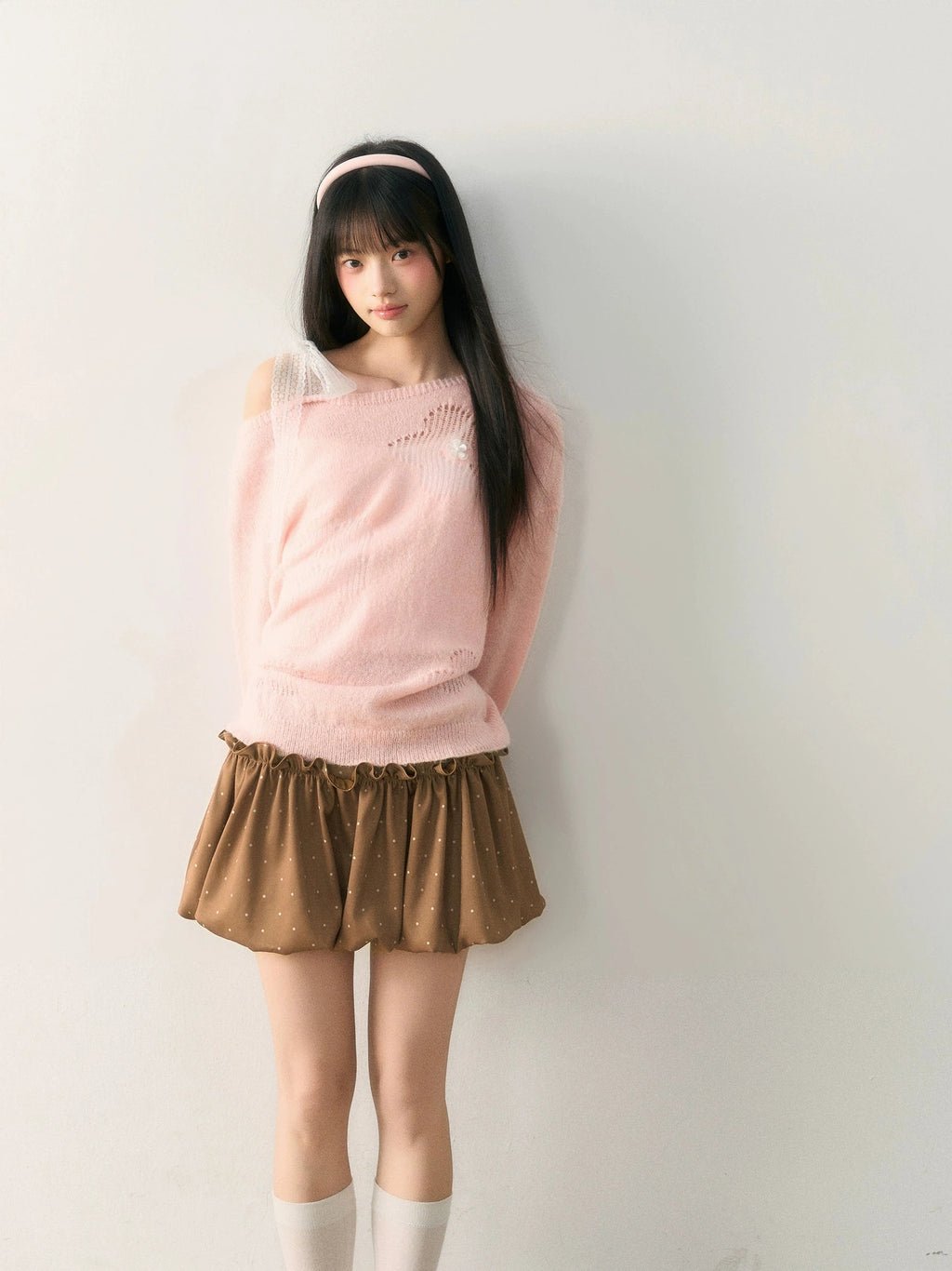 Umoumo Sweet Lace-up Knit Blouse