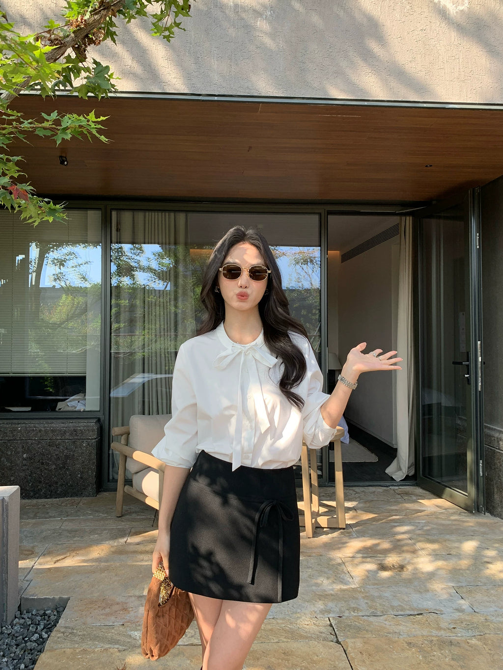 Pusumede Bow Strap Striped Shirt