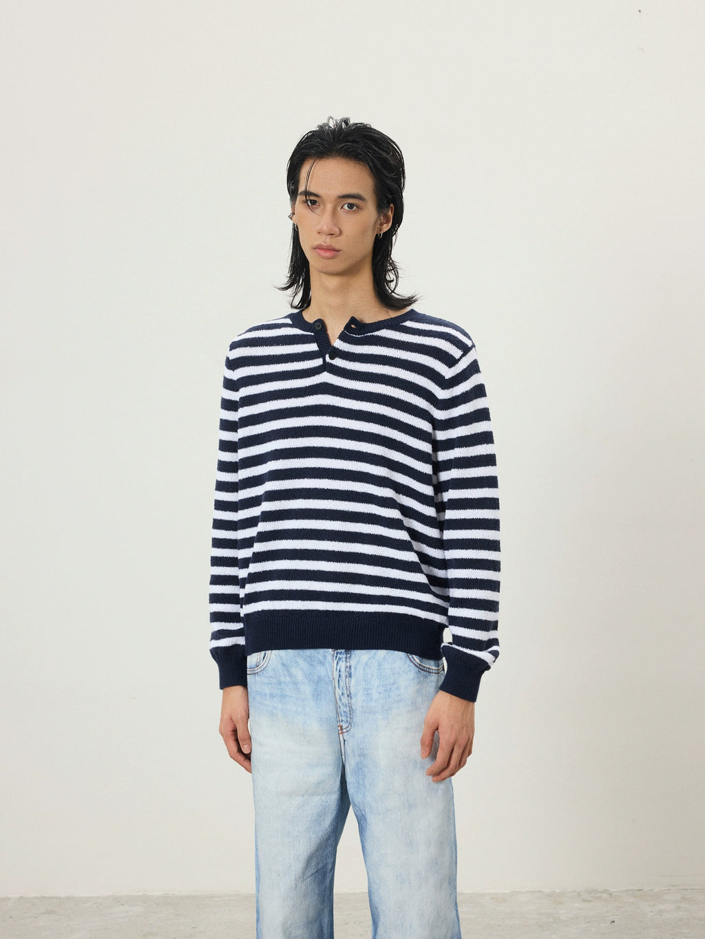 BTSG Lazy Wind Slack Striped Henry Neck Long Sleeve Knitted Sweater