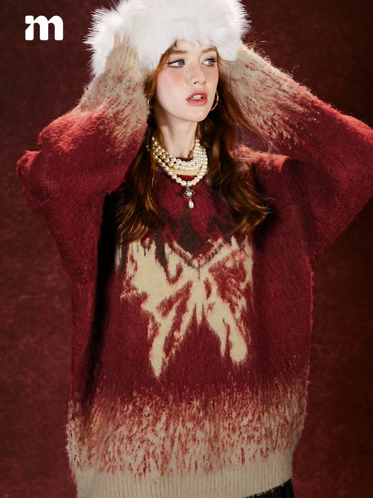Imone Retro Gradual Change Splash Ink Butterfly Jacquard Sweater