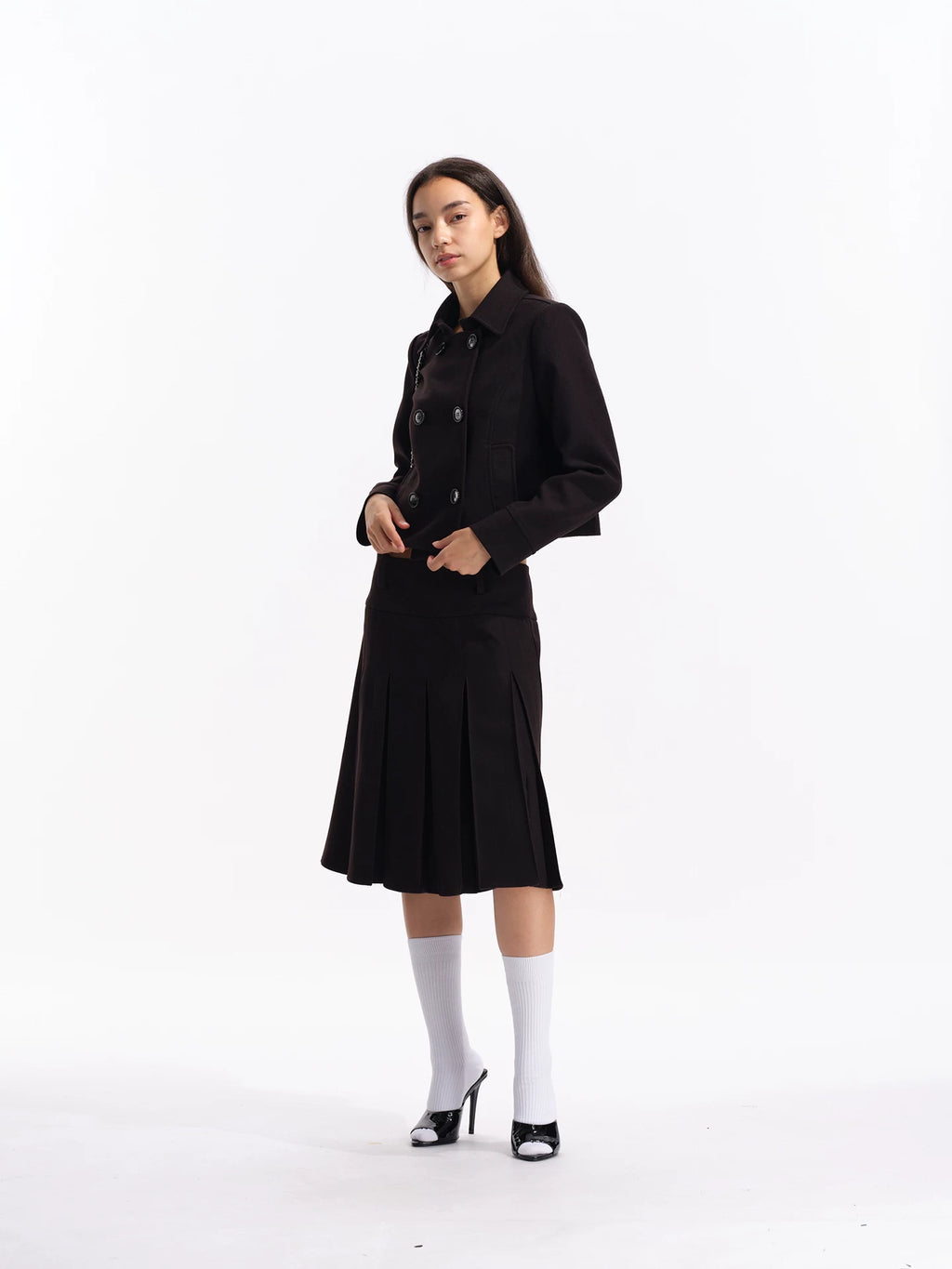 Two Little Guys Retro Double-breasted Jacket + Low-rise Suit Pleated Skirt