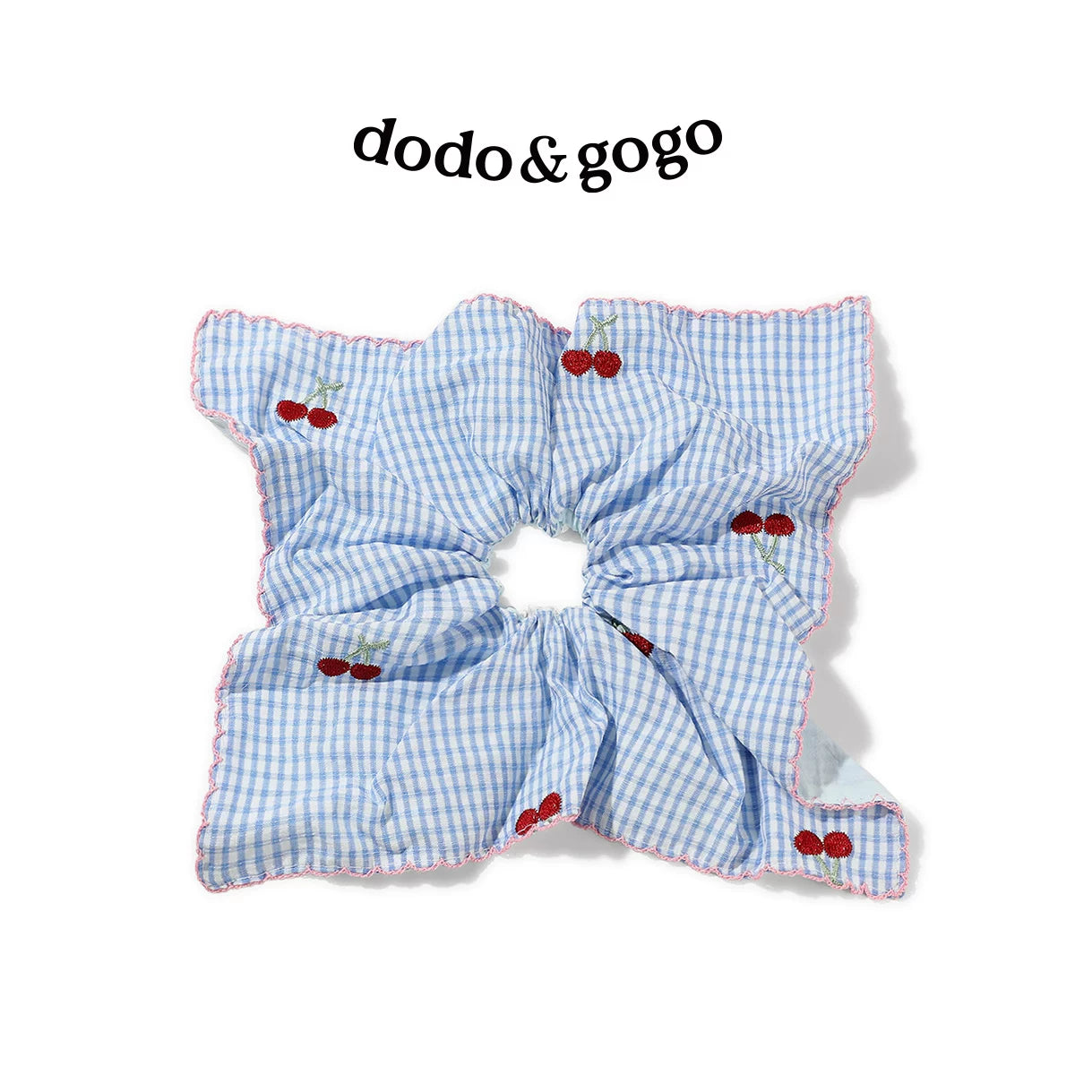 DODOGOGO Blue Plaid Cherry Embroidered Square Hair Tie