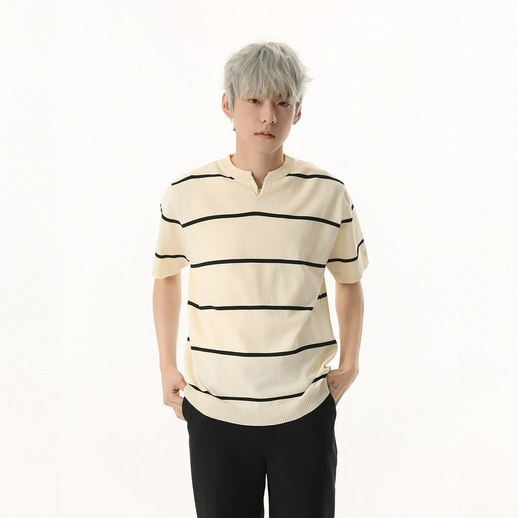 MTLCLOTHES Vintage V-neck Contrasting Striped Knitted Tee