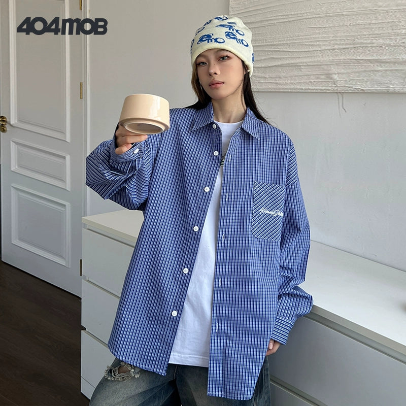 404MOB Embroidery Blue Grid Shirt
