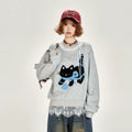 Girlyhalo Retro Hem Lace Pullover Round Neck Sweatshirt