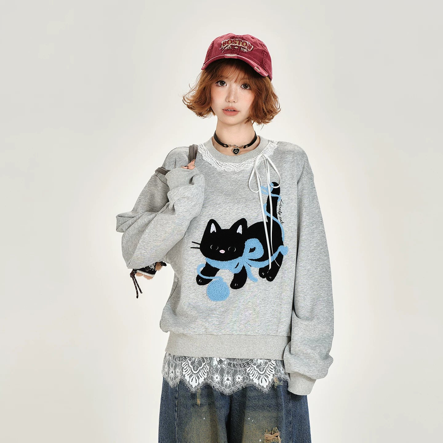 Girlyhalo Retro Hem Lace Pullover Round Neck Sweatshirt